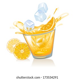 glass of orange juice and ice cubes. vector illustration