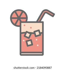 A glass of orange juice icon with sliced lemon, ice and straw in colorful filled style