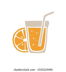 Glass of orange juice isolated on transparent background. Cozy pictogram original design. Vector shabby hand drawn illustration