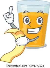 Glass of orange juice mascot character style with a menu on his hand. Vector illustration