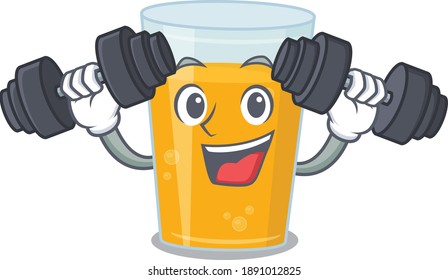 Glass of orange juice mascot design feels happy lift up barbells during exercise. Vector illustration