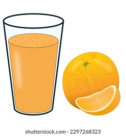 A glass of orange juice and next to it a whole orange and a slice of orange
