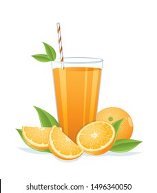 Glass of orange juice and oranges with leaves on white background.