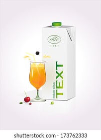 Glass of orange juice and juice packaging.