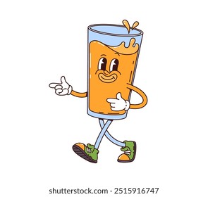 Glass of orange juice retro groovy breakfast character with playful expression, pointing with hands and splashing. Fresh fruit drink, fun and lively cartoon beverage personage wears green sneakers