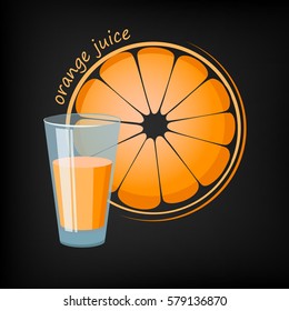 Glass of orange juice and a slice of orange in the background