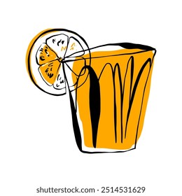 A glass of orange juice with an orange slice on it, sketch drawing, vector illustration, isolated on white background
