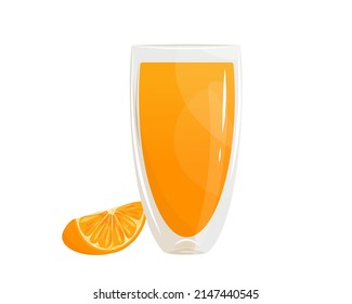 Un vaso de zumo de naranja y una tajada de naranja.Ilustración vectorial aislada en un fondo blanco.El concepto de diseño de una página web, publicidad, café, menú.