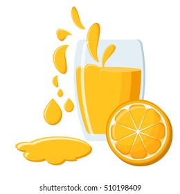 Glass of orange juice with juice splashes and half of an orange fruit isolated on white background. Vector illustration in flat style.