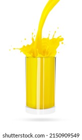 Glas Orangensaft, farbige Orangenspritzen, 3D-realistische Vektorgrafik