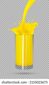 glass of orange juice, splatter orange splashes of paint, 3d realistic vector illustration