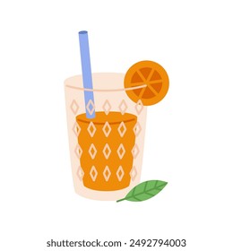 Glass with orange juice and straw. Flat vector illustration isolated on white background.