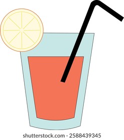 A glass of orange juice with a straw in it. The straw is black. There is a slice of orange on top of the juice