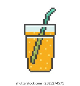 Glass with orange juice and straw a pixel style. Vector illustration.