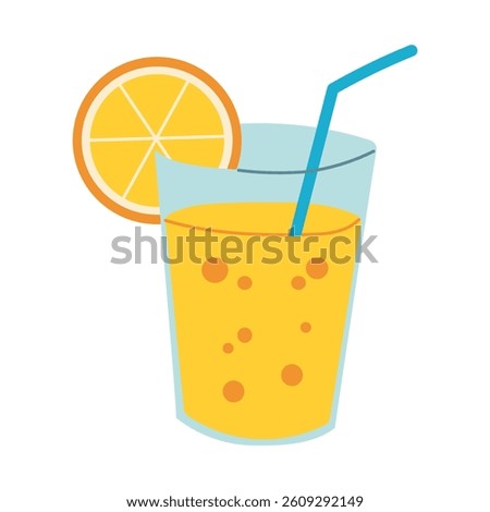 A glass of orange juice with a straw in it and a slice of orange on top. The glass is half full and the orange slice is on the rim of the glass