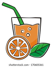 Glass of orange juice with straw and orange. Vector illustration.