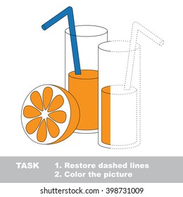 Glass of orange juice in vector colorful to be traced. Restore dashed line and color the picture. Visual game for children. Worksheet to be colored.