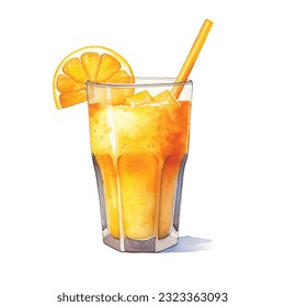 a glass of orange juice in watercolor