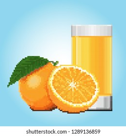 A glass of orange juice with a whole orange and its half. Light blue gradient background. Pixel art.