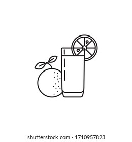 Vidrio de limonada anaranjada e icono de línea vectorial de frutas. Símbolo saludable de la bebida.