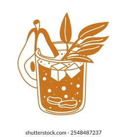 Un vaso de cóctel de pera de naranja con jengibre y cubitos de hielo. Un refresco de invierno con trozos de fruta en un diseño plano sobre un fondo blanco. Un vaso con una bebida refrescante. Ilustración aislada