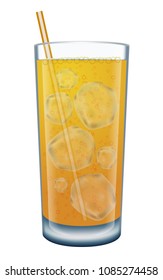 Glass of orange soda with ice cubes and straw. Isolated on white. Photo-realistic vector illustration.