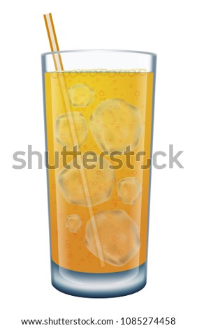 Glass of orange soda with ice cubes and straw. Isolated on white. Photo-realistic vector illustration.