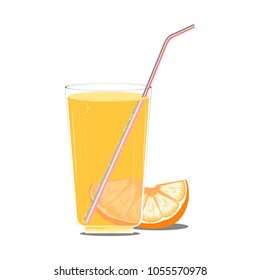 Glass of orange soda with straw. Vector illustration.