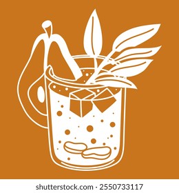 Un vaso de cóctel de naranja-pera con jengibre y cubitos de hielo sobre naranja. La silueta de un refresco de invierno con trozos planos de fruta. Un vaso con una bebida refrescante. Una ilustración separada