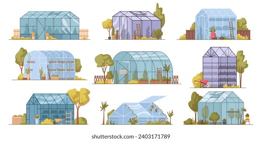 Glass orangery, botanical garden greenhouse with potted plants. Vector hothouse for growing crops and agriculture. Glasshouse for homegrown products, natural and organic cultivation of ingredients svg