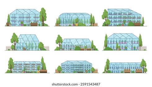 Glass orangery gardening greenhouse with greenery grow plant set isometric vector illustration. Botanical planting tree bush pot flower vegetation agriculture pavilion construction