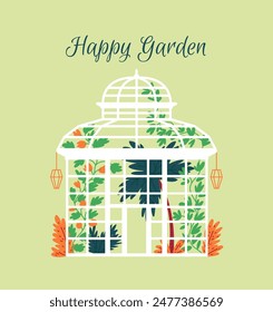 Glass orangery with lamps. Text Happy Garden. Greenhouse with greenery, palm tree and orange flowers. Home gardening concept. Urban jungle. Vector illustration isolated on green background.