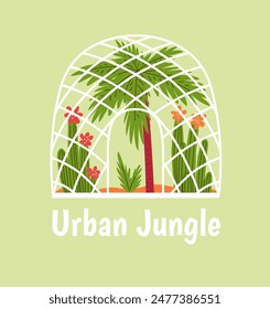 Glass orangery with a round roof. Text Urban Garden. Desert plants. Greenhouse with palm tree, flowering cactus and sand. Modern garden concept. Vector illustration isolated on green background.