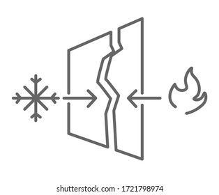 Glass or other material scheme, isolated line schematic explanation of seasonal temperatures effect of material. Cold and hot seasons, frost and heat, snowflake and flame icon, vector in flat