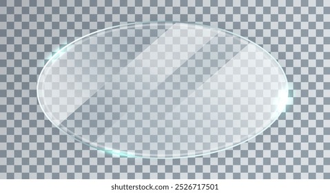 Glass oval frame. Bright mirror panel. Glossy screen effect texture. Plastic plate mockup. Digital border. Clear button. Window tag and badge. Shiny framework. Light banner. Vector illustration.