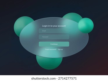 Panel de Inicio de sesión ovalado de vidrio rodeado de brillantes esferas de color verde azulado sobre un fondo degradado profundo, diseño de interfaz de usuario minimalista y suave.