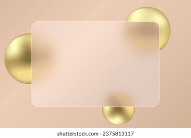 Glass overlay effect banner design with 3D golden vector balls in glass morphism style.