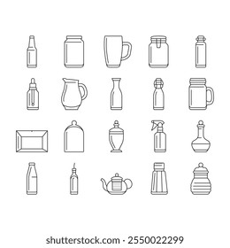 glass packaging bottle product icons set vector. food milk, pack box, jar cup, canister vial, jug, spray, lotion, salt glass packaging bottle product black contour illustrations