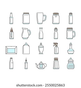 glass packaging bottle product icons set vector. food milk, pack box, jar cup, canister vial, jug, spray, lotion, salt glass packaging bottle product color line illustrations