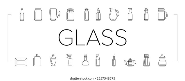 glass packaging bottle product icons set vector. food milk, pack box, jar cup, canister vial, jug, spray, lotion, salt glass packaging bottle product black contour illustrations