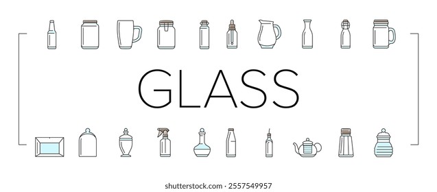 glass packaging bottle product icons set vector. food milk, pack box, jar cup, canister vial, jug, spray, lotion, salt glass packaging bottle product color line illustrations