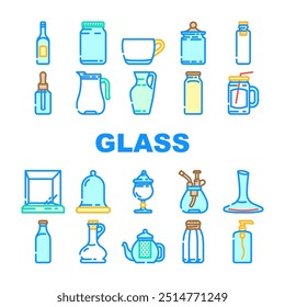 Glas Verpackung Transparenz Symbole setzen Vektor. Becher, Becher, Flasche, Refraktionsvase Becher, Tumbler-Scheibe, gefärbt, mattiert, gehärtetes Glas Verpackung transparent Farbe Linie Illustrationen