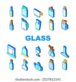vidro embalagem transparência ícones definir vetor. xícara, caneca, garrafa, vaso de refração goblet, painel tumbler, manchado, fosco, temperado vidro embalagem transparência isométrica sinal ilustrações
