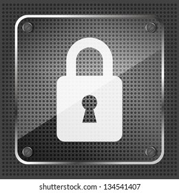 Glass padlock icon on a metallic background