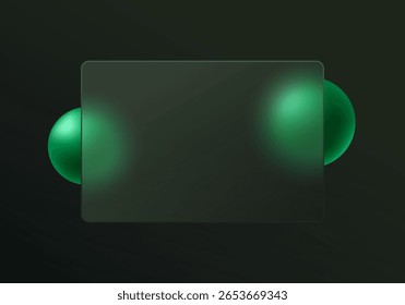 Glass panel with emerald green glossy spheres on dark background