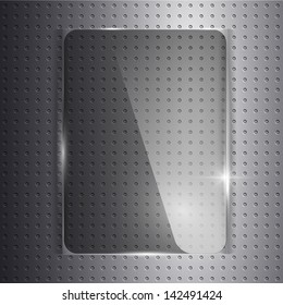 Glass panel on a metal background. Texture of glass and metal.