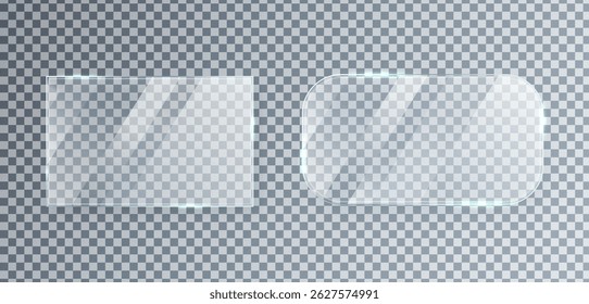 Marcos transparentes de panel de vidrio con reflejos brillantes. Web moderno, diseño UI. Estilo limpio y elegante. Placa de brillo. Espejo. Maqueta de plástico. Botón digital. Acrílico, plexiglás. Ilustración vectorial.