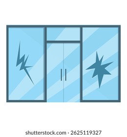 Glasscheiben und Tür eines leeren Ladens zeigen zerbrochenes Glas nach einem Raub