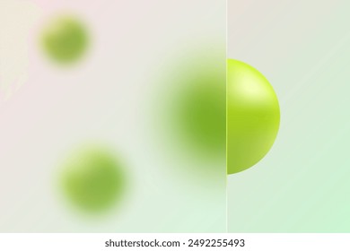 Partition en verre avec des sphères vertes flottantes. Arrière-plan morphologique en verre