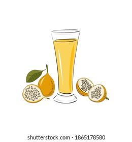 Glass with passion fruit granadilla juice, a whole and slices. Smoothies on a white background. Beverages. Detox. Diet. Healthy lifestyle, food. Scribble. Hand drawn vector illustration. Sketch
